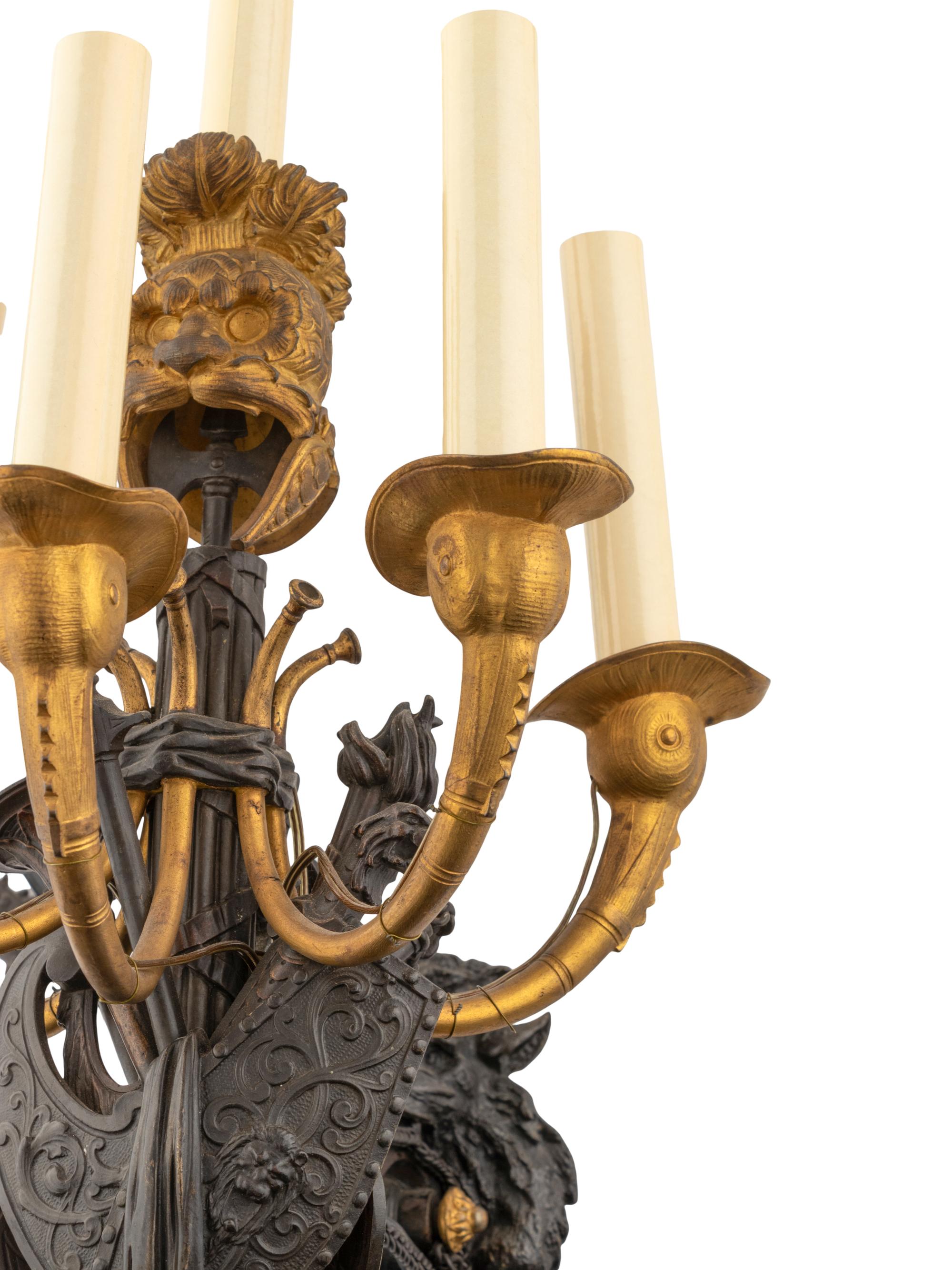 A Pair of French Neoclassical Gilt and Patinated Bronze Six-Light Wall Sconces