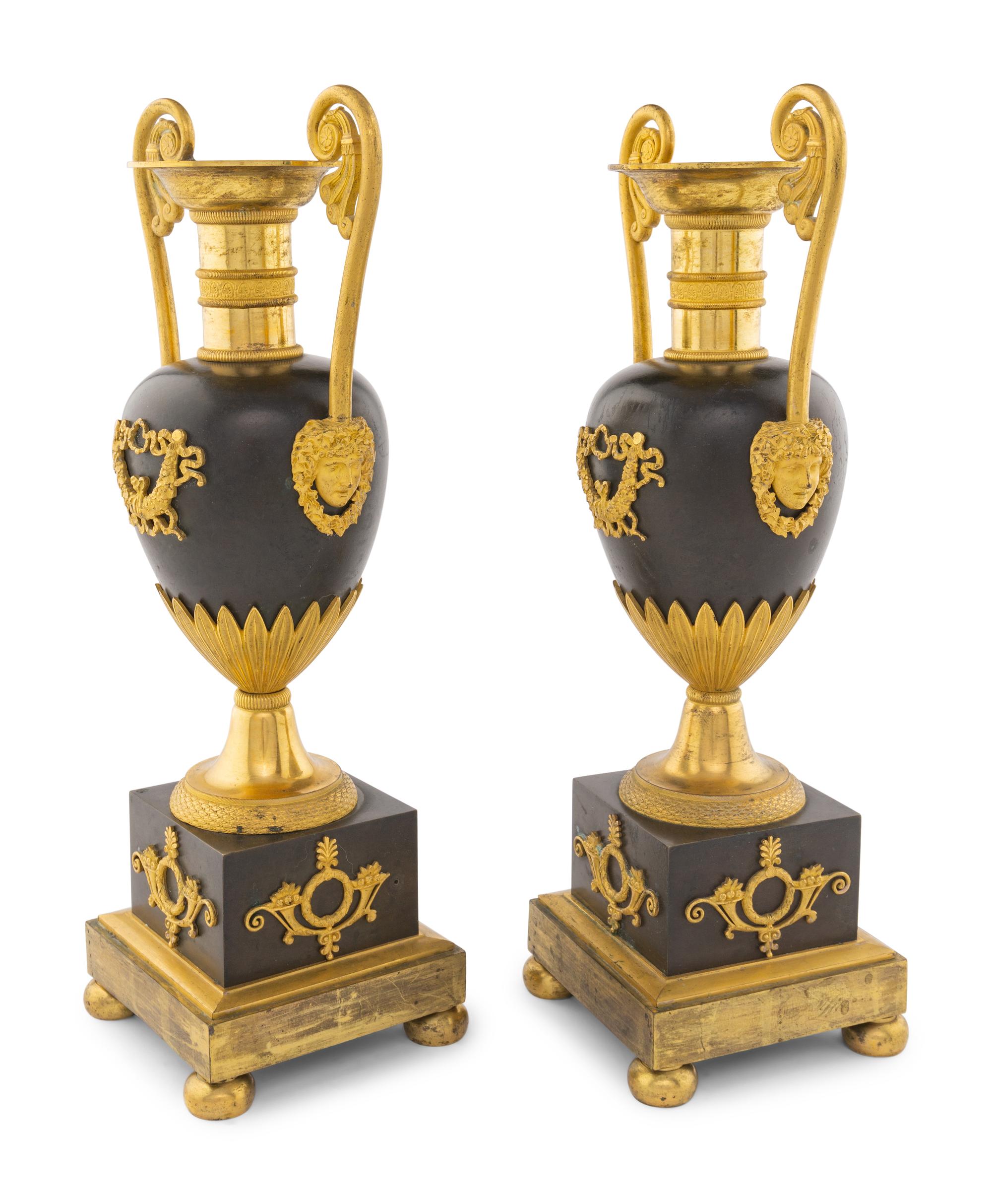 A Pair of Louis Philippe Gilt and Patinated Bronze Urns