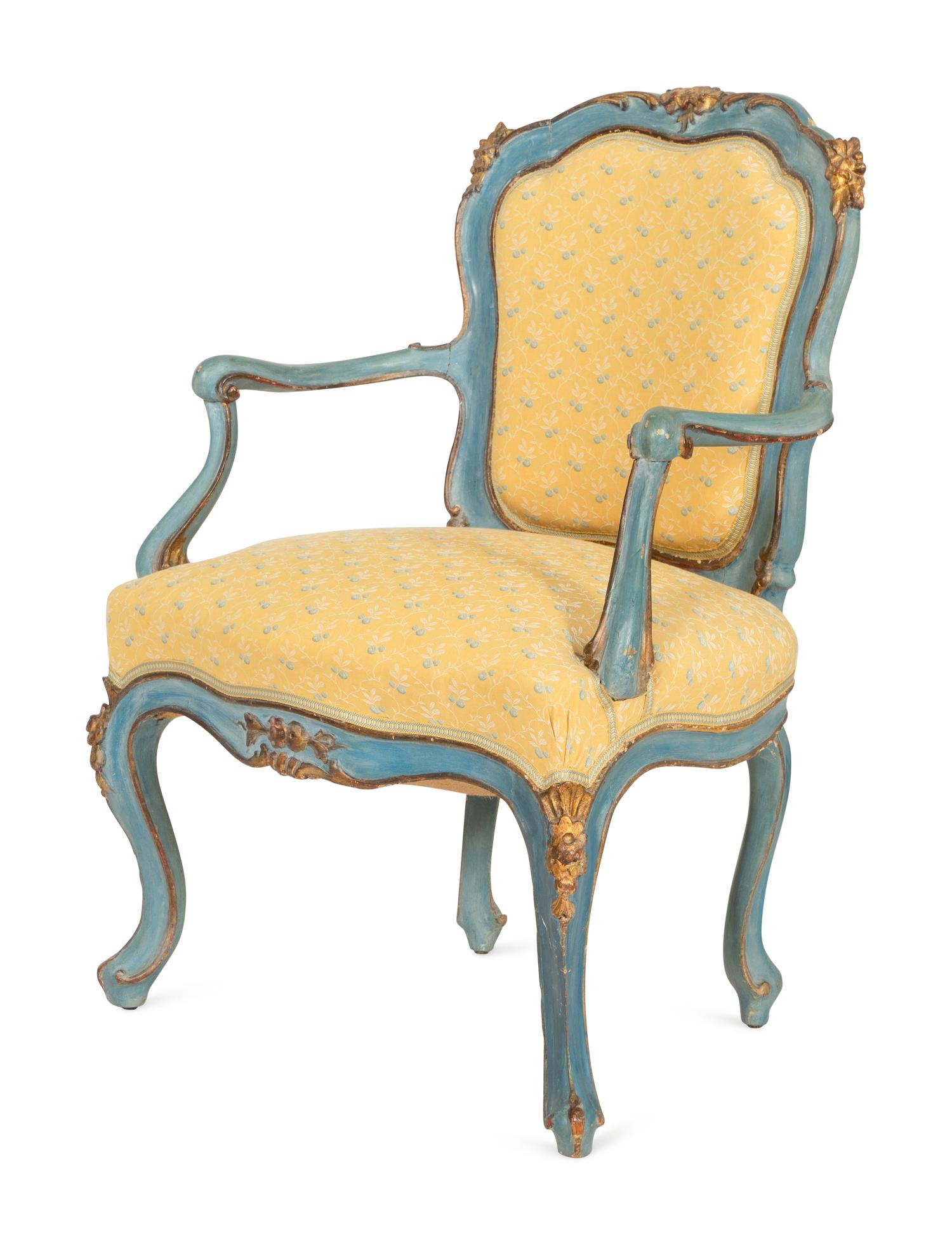 An Italian Painted and Parcel Gilt Open Armchair