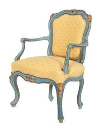 An Italian Painted and Parcel Gilt Open Armchair
