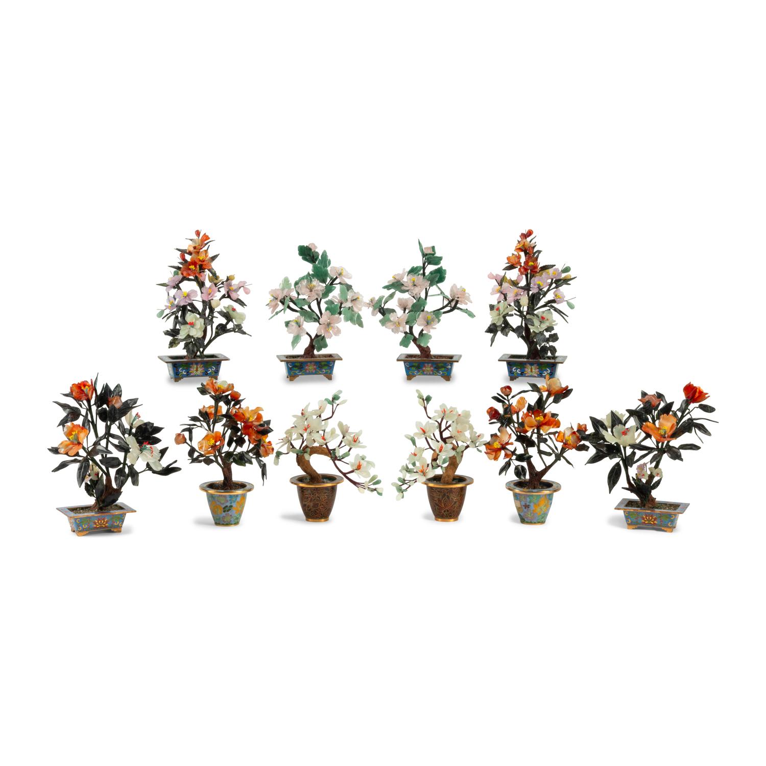 Five Pairs of Chinese Hardstone and Cloisonné Models of Trees
