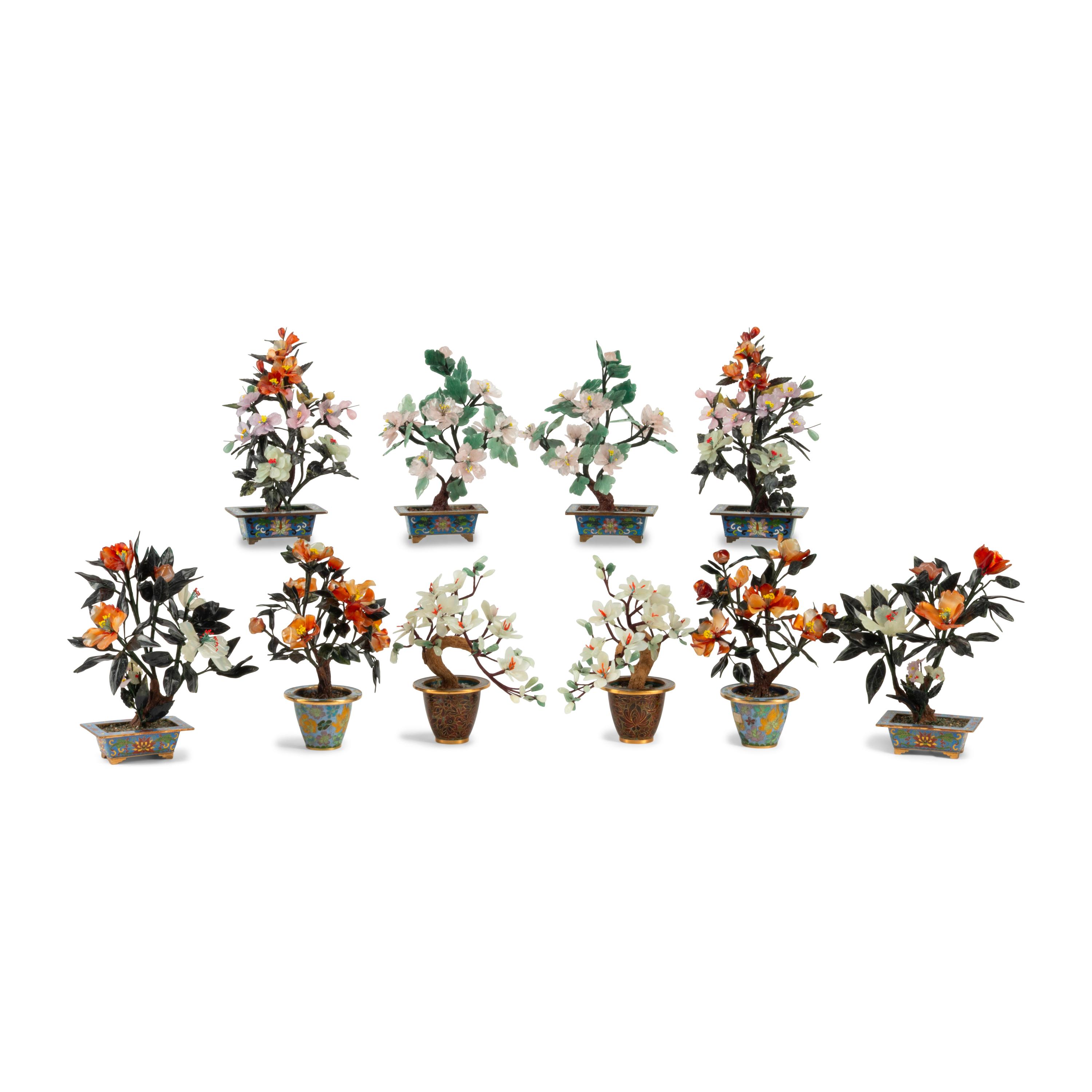 Five Pairs of Chinese Hardstone and Cloisonné Models of Trees