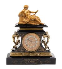 A Continental Neoclassical Style Gilt Metal Mounted Slate Mantel Clock