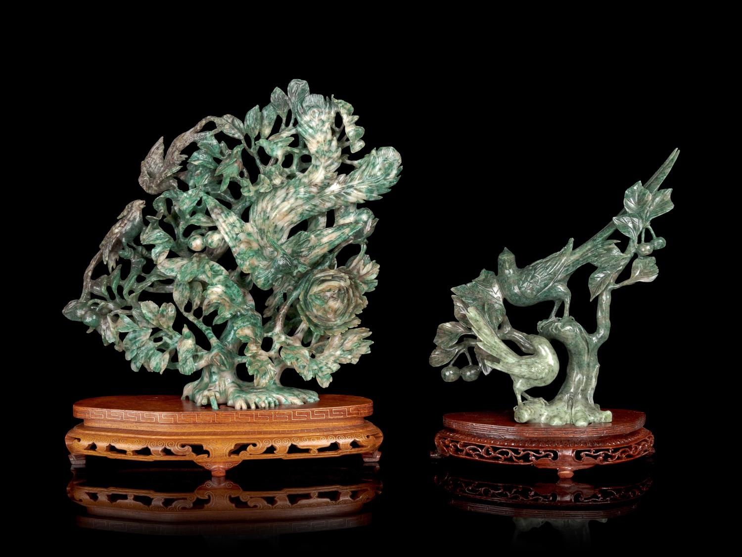 Two Chinese Green Hardstone Figures of Birds