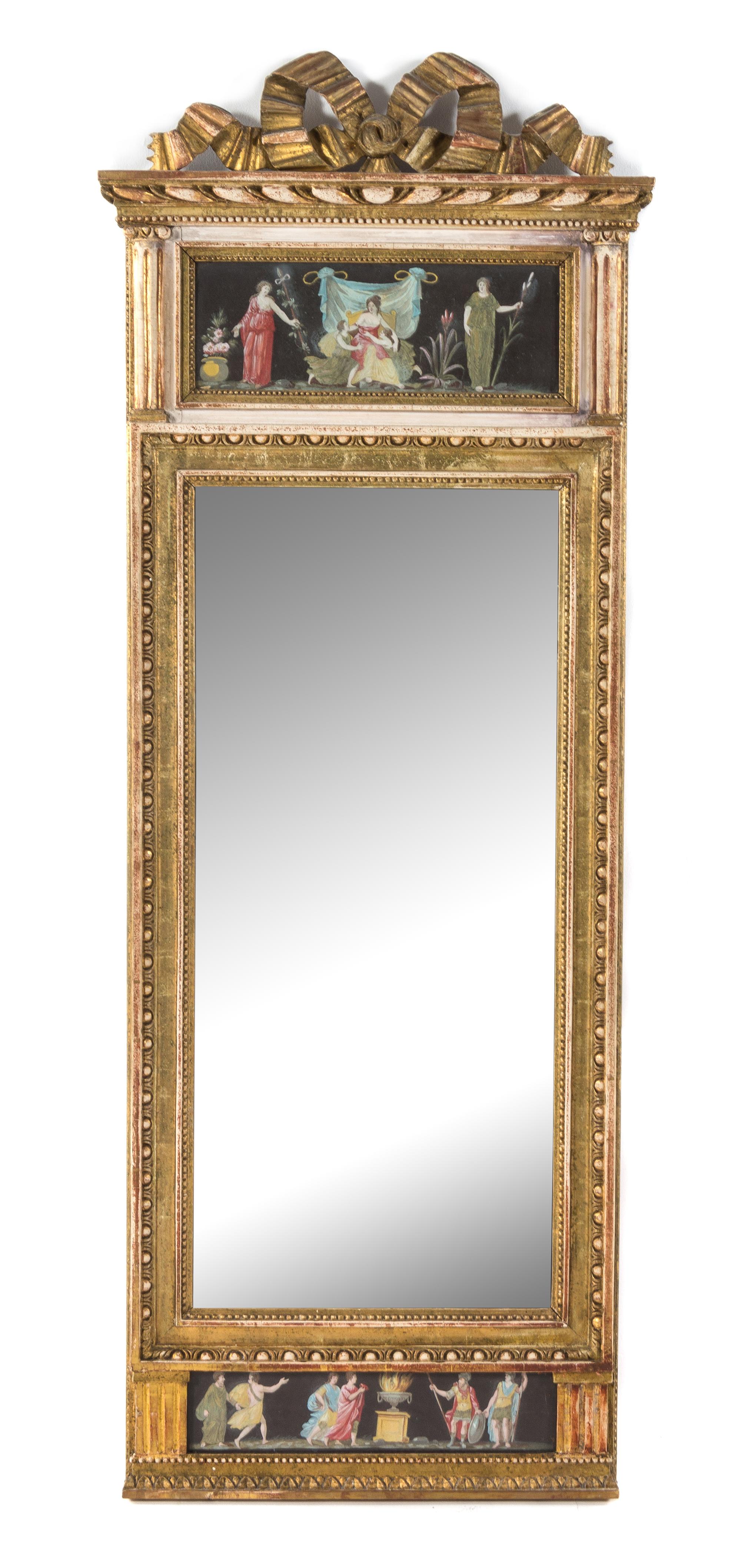 An Italian Neoclassical Giltwood and Verre Eglomise Pier Mirror Height 61 3/4 x width 23 1/2 inches. — 19TH/20TH CENTURY