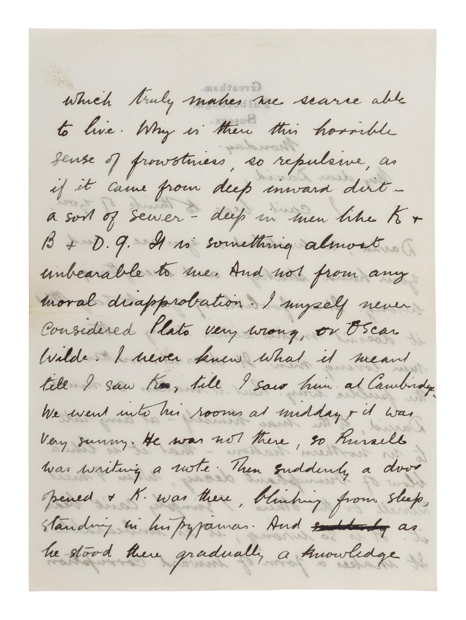 LAWRENCE, D. H. (1885-1930). Autograph letter signed ("D. H. Lawrence"), to David Garnett. Greatham, Pulborough, Sussex, [19 April 1915]. 5 pages, 8vo . [ With :] LAWRENCE, Freida. Autograph letter signed ("Freida"), to David Garnett. [19 April 1915]. With postscript from D. H. Lawrence at end. 2 pages, 8vo, with original envelope marked "Absolutely Private ."