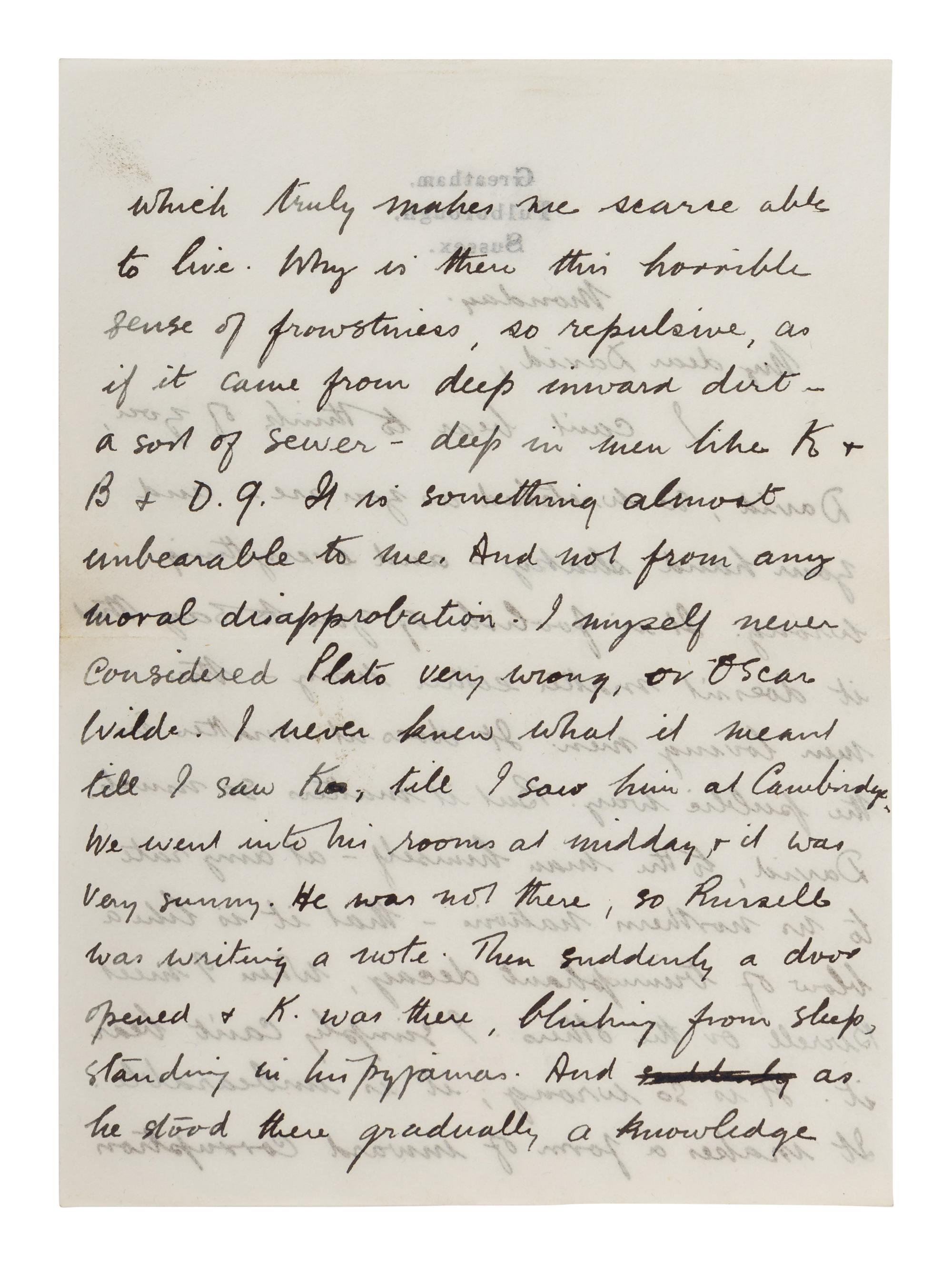 LAWRENCE, D. H. (1885-1930). Autograph letter signed ("D. H. Lawrence"), to David Garnett. Greatham, Pulborough, Sussex, [19 April 1915]. 5 pages, 8vo . [ With :] LAWRENCE, Freida. Autograph letter signed ("Freida"), to David Garnett. [19 April 1915]. With postscript from D. H. Lawrence at end. 2 pages, 8vo, with original envelope marked "Absolutely Private ."