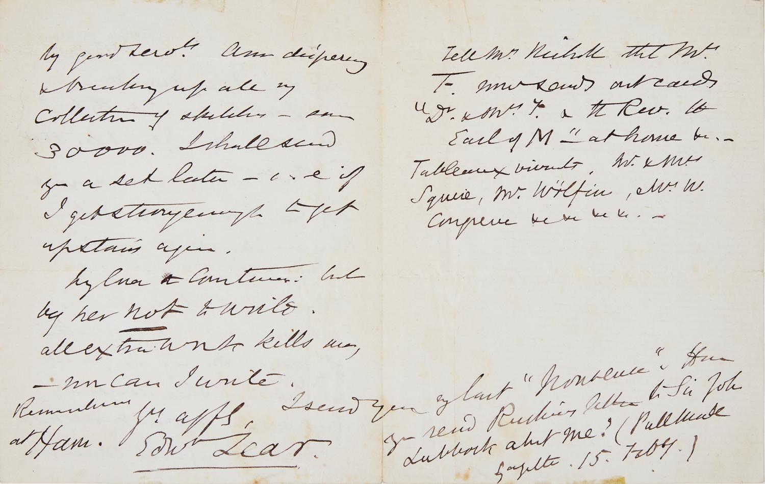 [Autographs & Manuscripts] Lear, Edward. Autograph Letter, signed