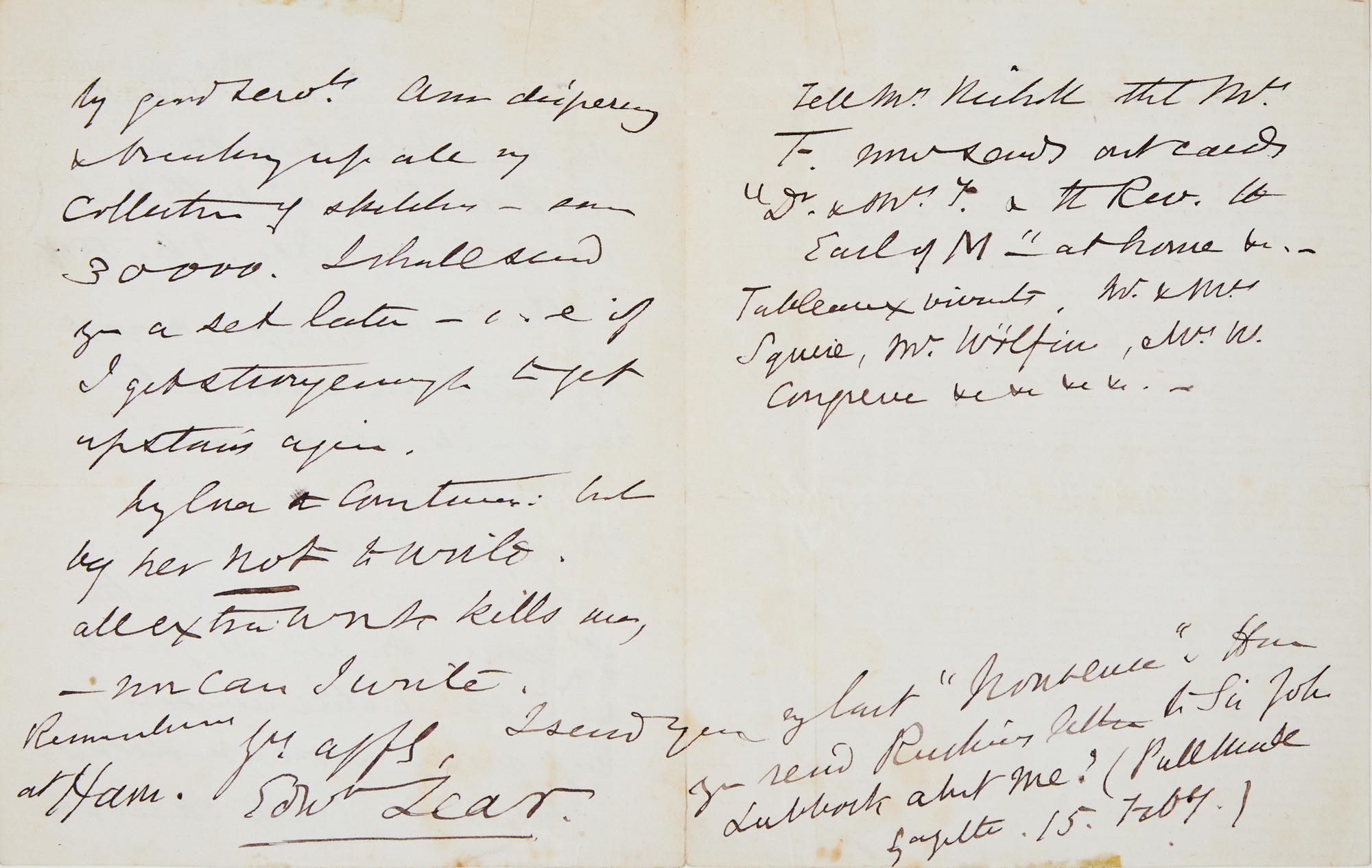 [Autographs & Manuscripts] Lear, Edward. Autograph Letter, signed