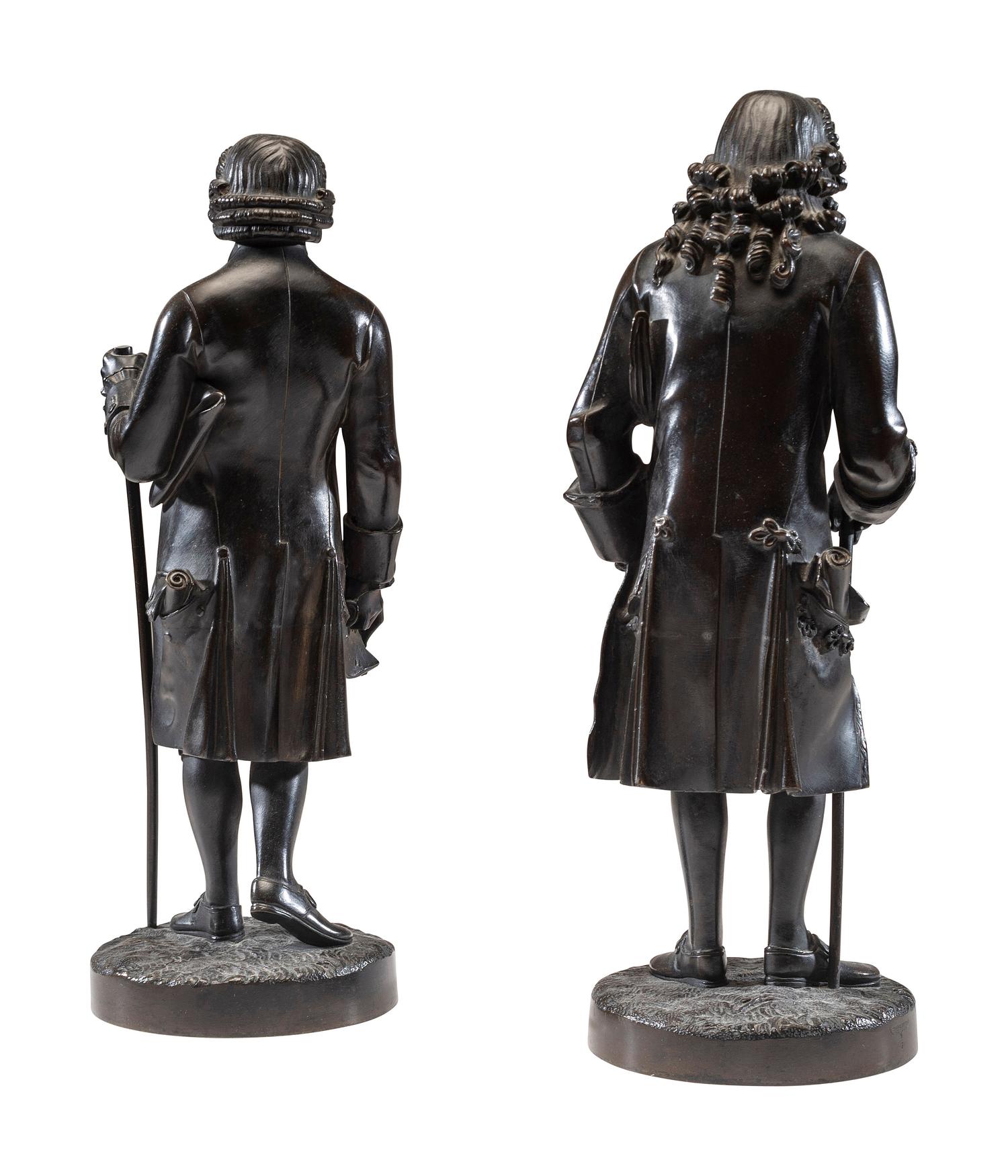Two French Patinated Bronze Figures of Voltaire and Rousseau