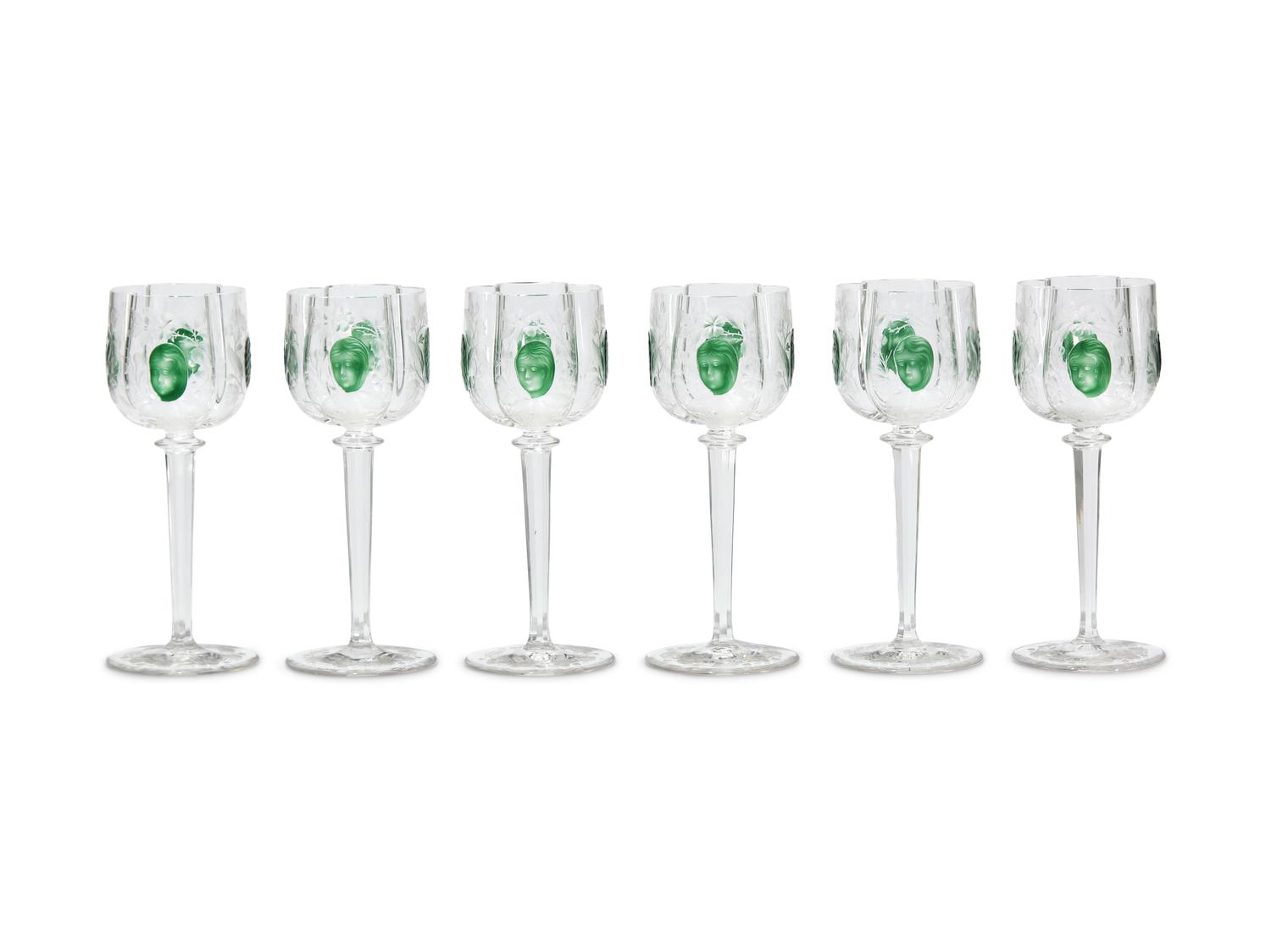 A Set of Six Rare Moser Cut and Etched Glass Wine Stems