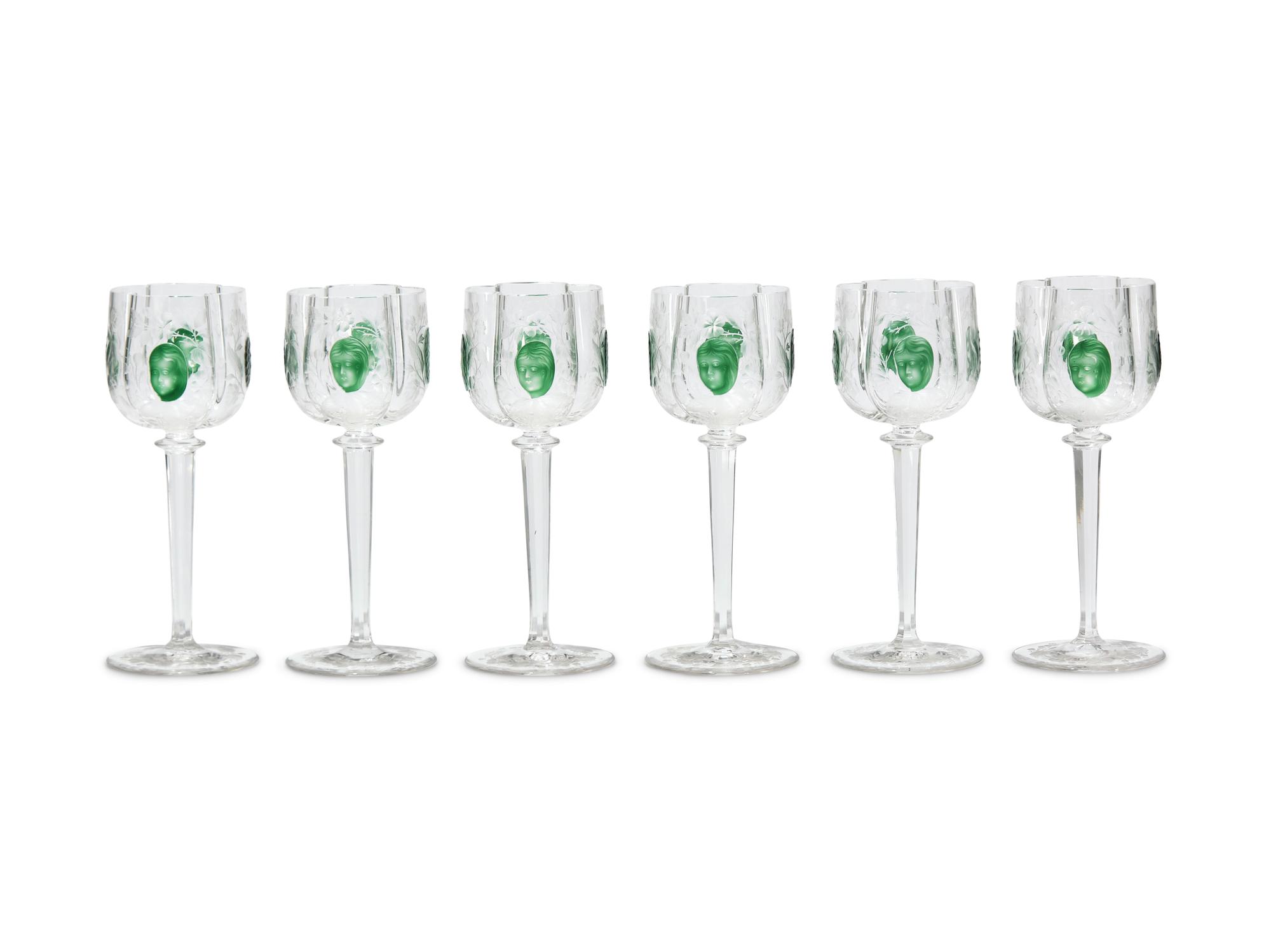 A Set of Six Rare Moser Cut and Etched Glass Wine Stems