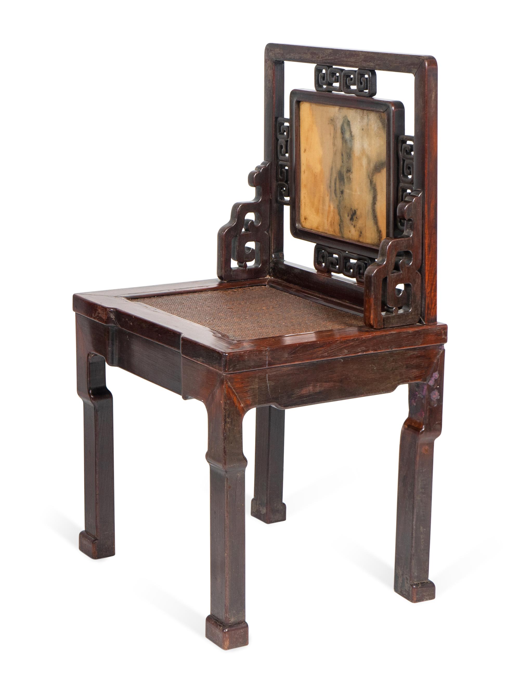 A Near Pair of Chinese Marble-Inset Hardwood Chairs — 19TH CENTURY