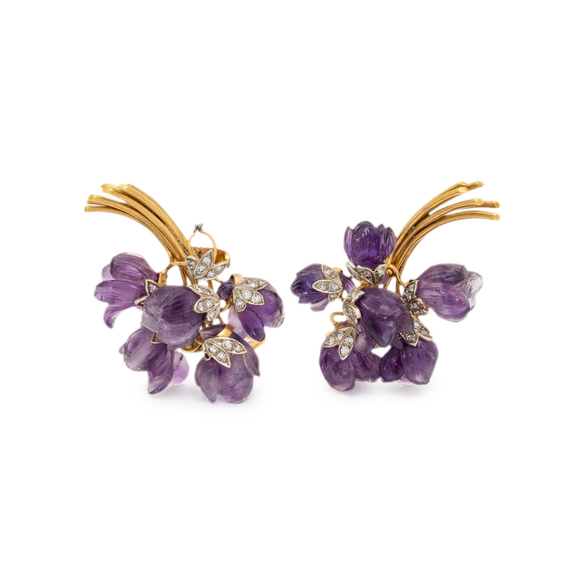 CARVED AMETHYST AND DIAMOND FLOWER EARCLIPS