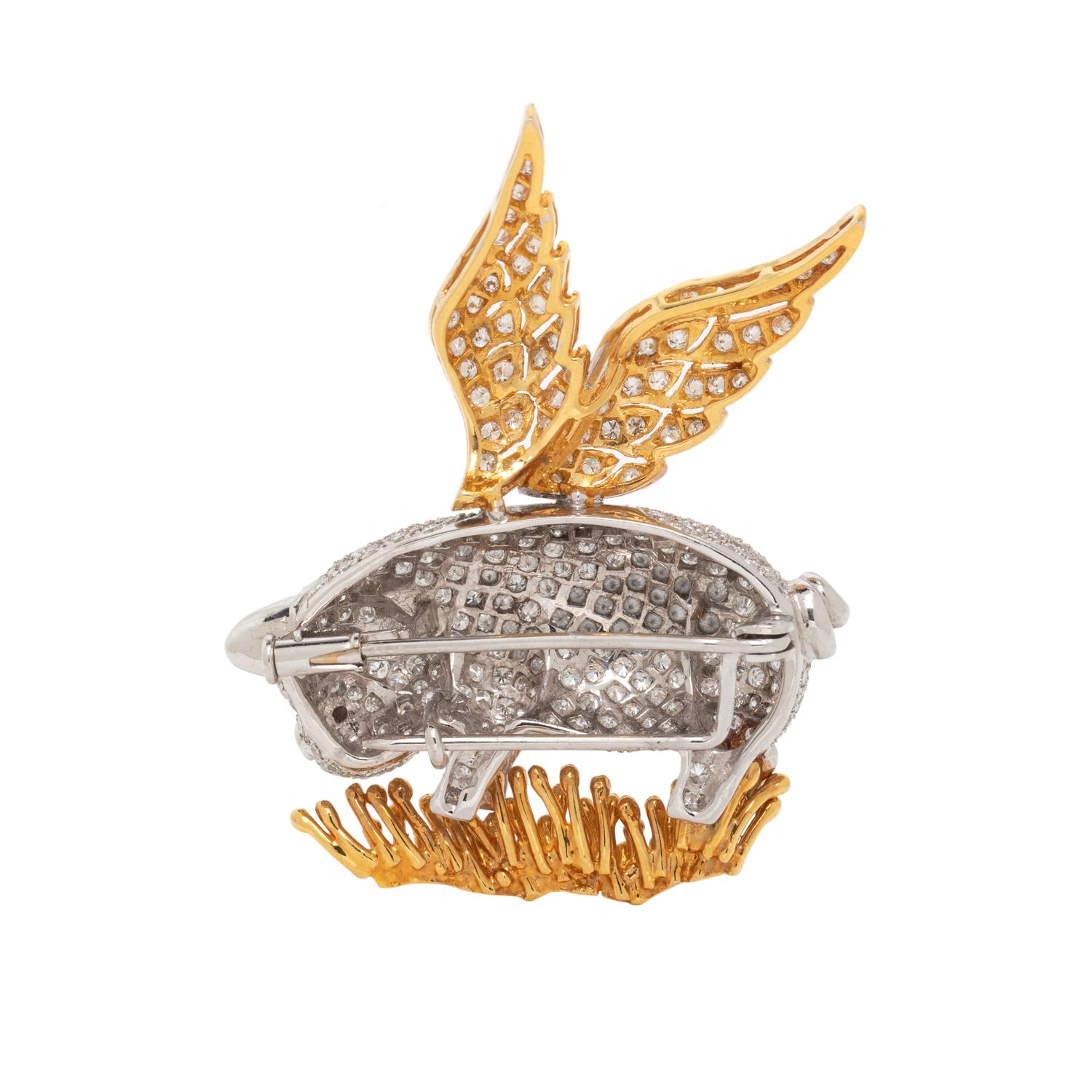DIAMOND AND BICOLOR GOLD FLYING PIG BROOCH