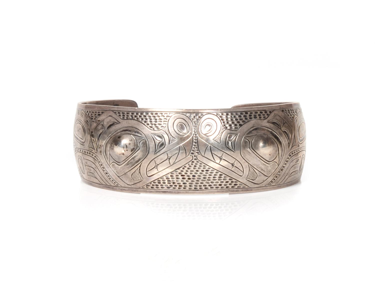 Northwest Coast Silver Bracelet Length 6 1/8 x opening 1 1/8 x width 1 inches