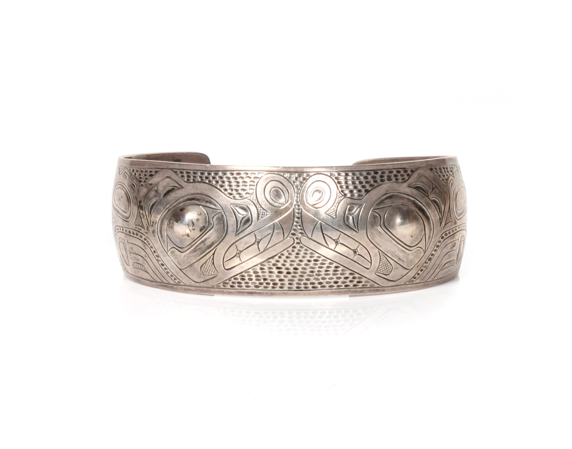 Northwest Coast Silver Bracelet Length 6 1/8 x opening 1 1/8 x width 1 inches