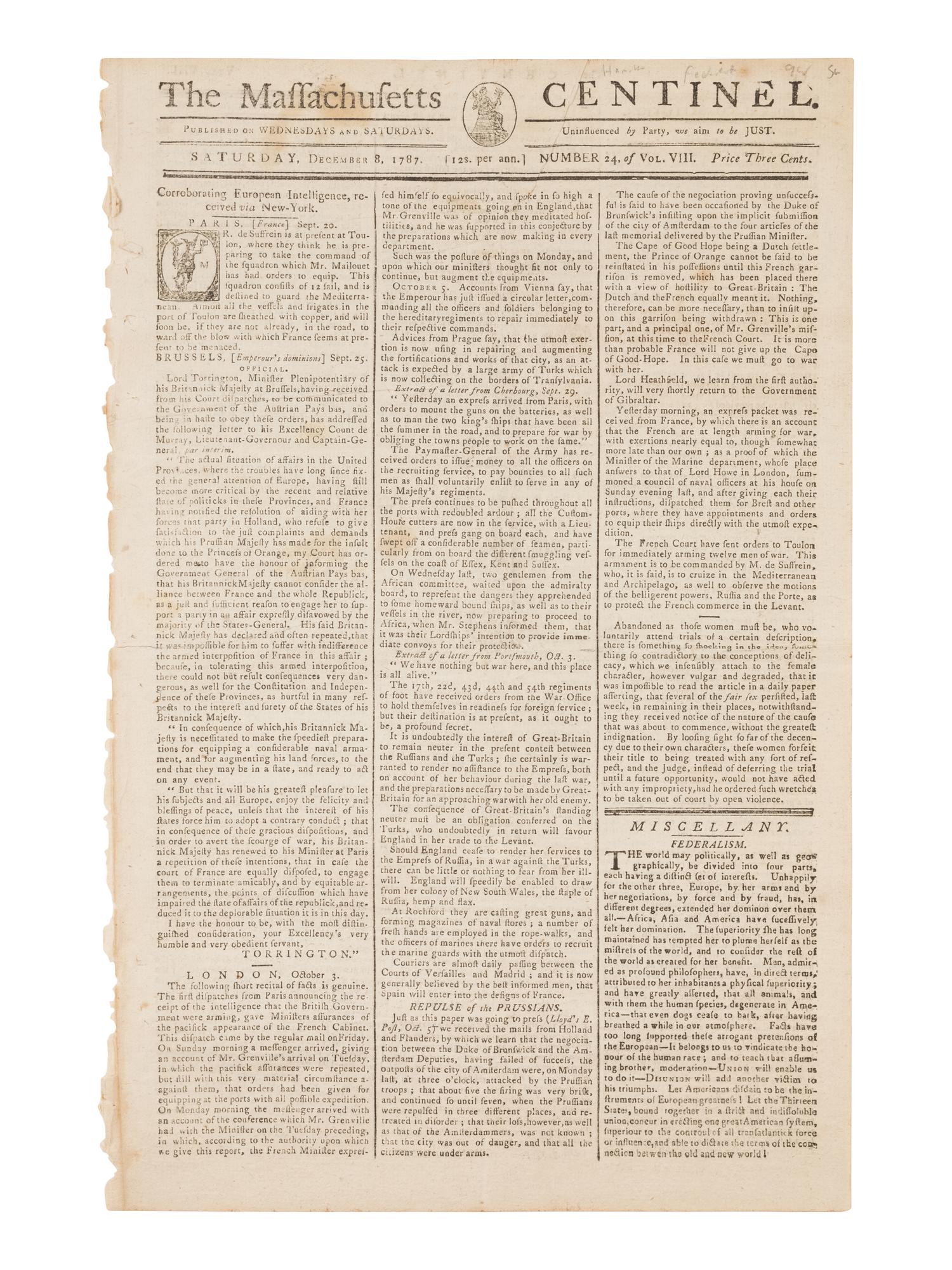 [NEWSPAPER]. The Massachusetts Centinel . Volume 8, No. 24. Boston: Benjamin Russell, Saturday, December 8, 1787.