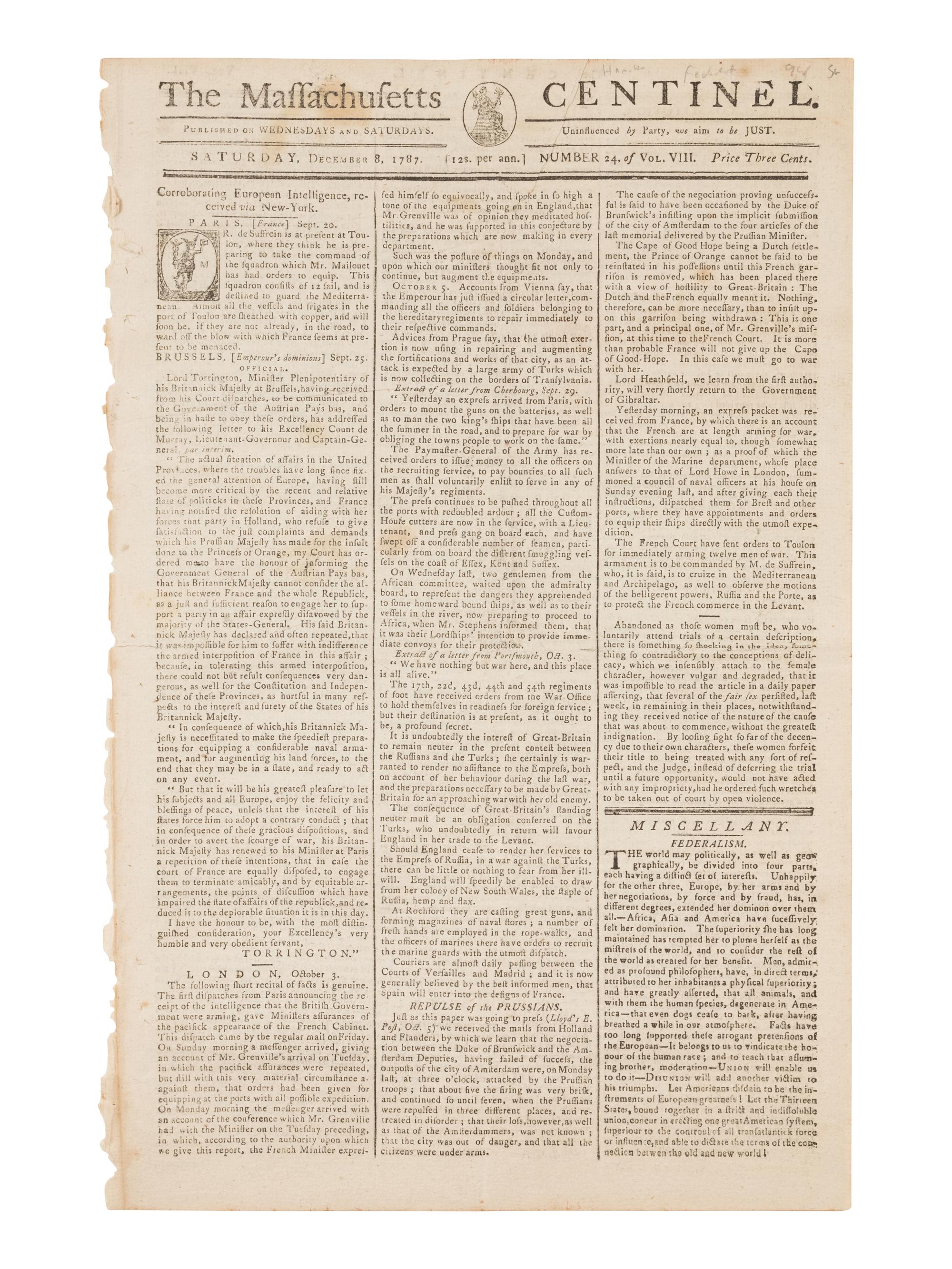 [NEWSPAPER]. The Massachusetts Centinel . Volume 8, No. 24. Boston: Benjamin Russell, Saturday, December 8, 1787.