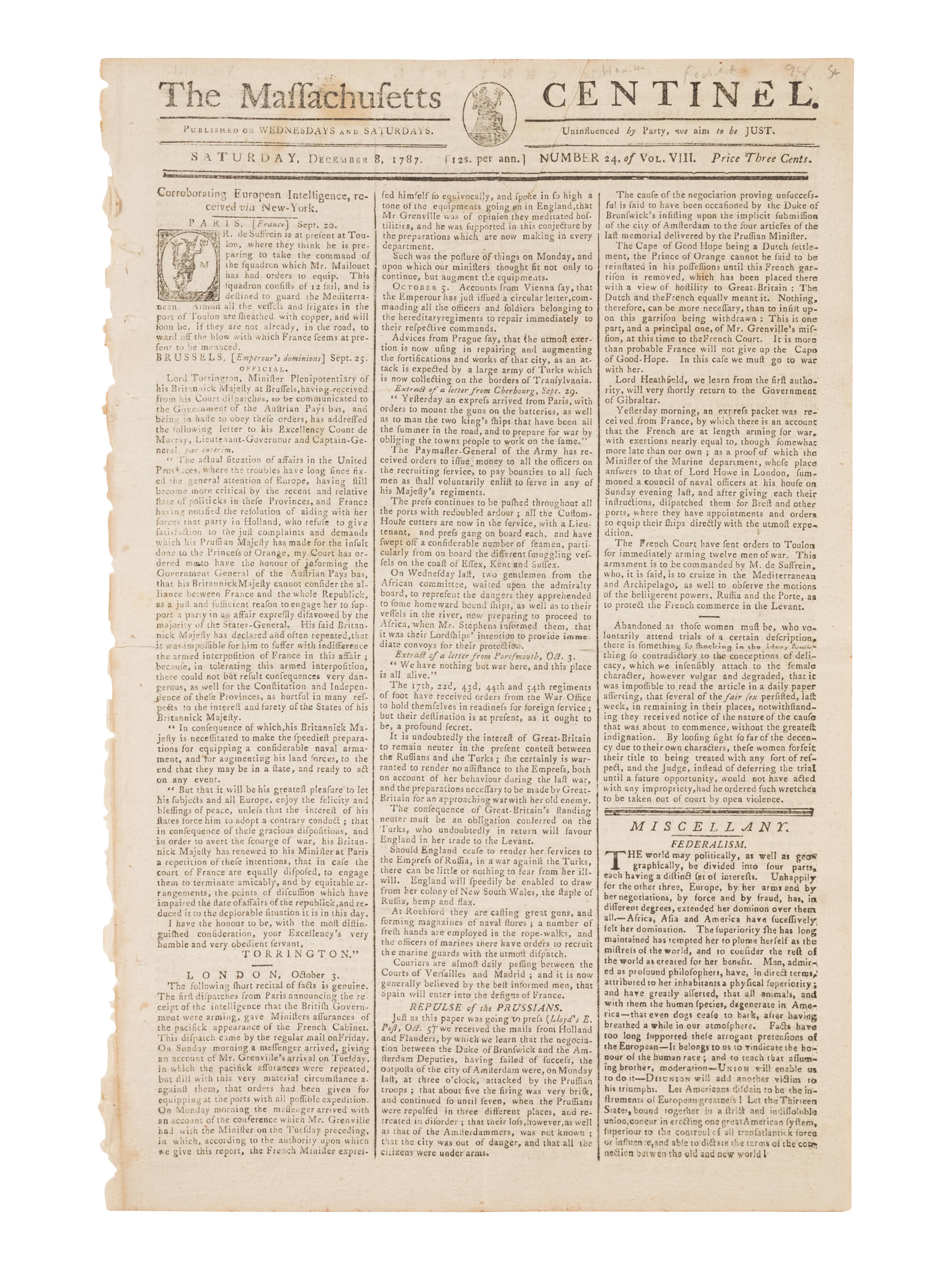 [NEWSPAPER]. The Massachusetts Centinel . Volume 8, No. 24. Boston: Benjamin Russell, Saturday, December 8, 1787.