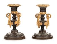 A Pair of Patinated and Gilt Bronze Candlesticks