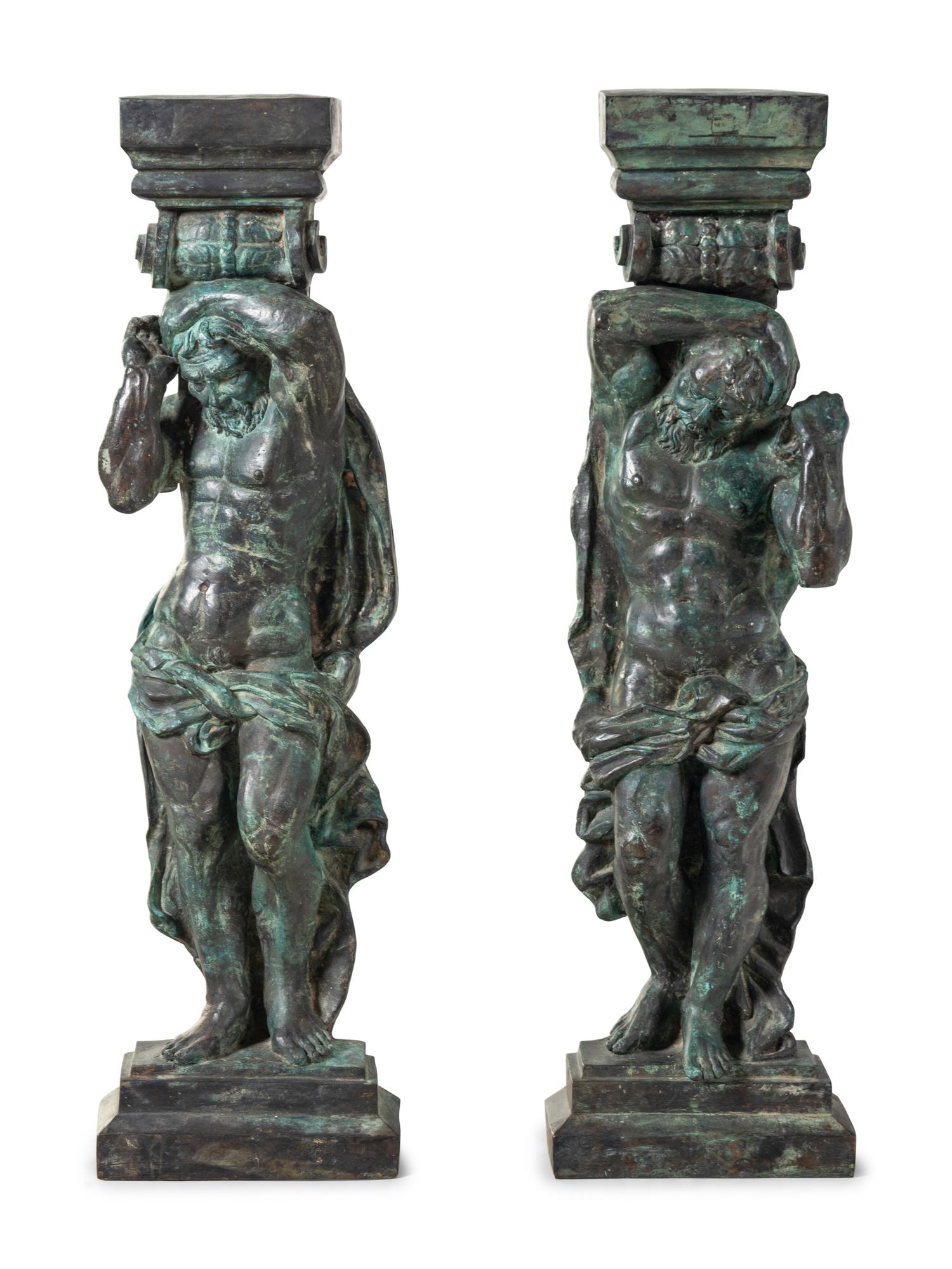 A Pair of Continental Cast Metal Figural Pedestals