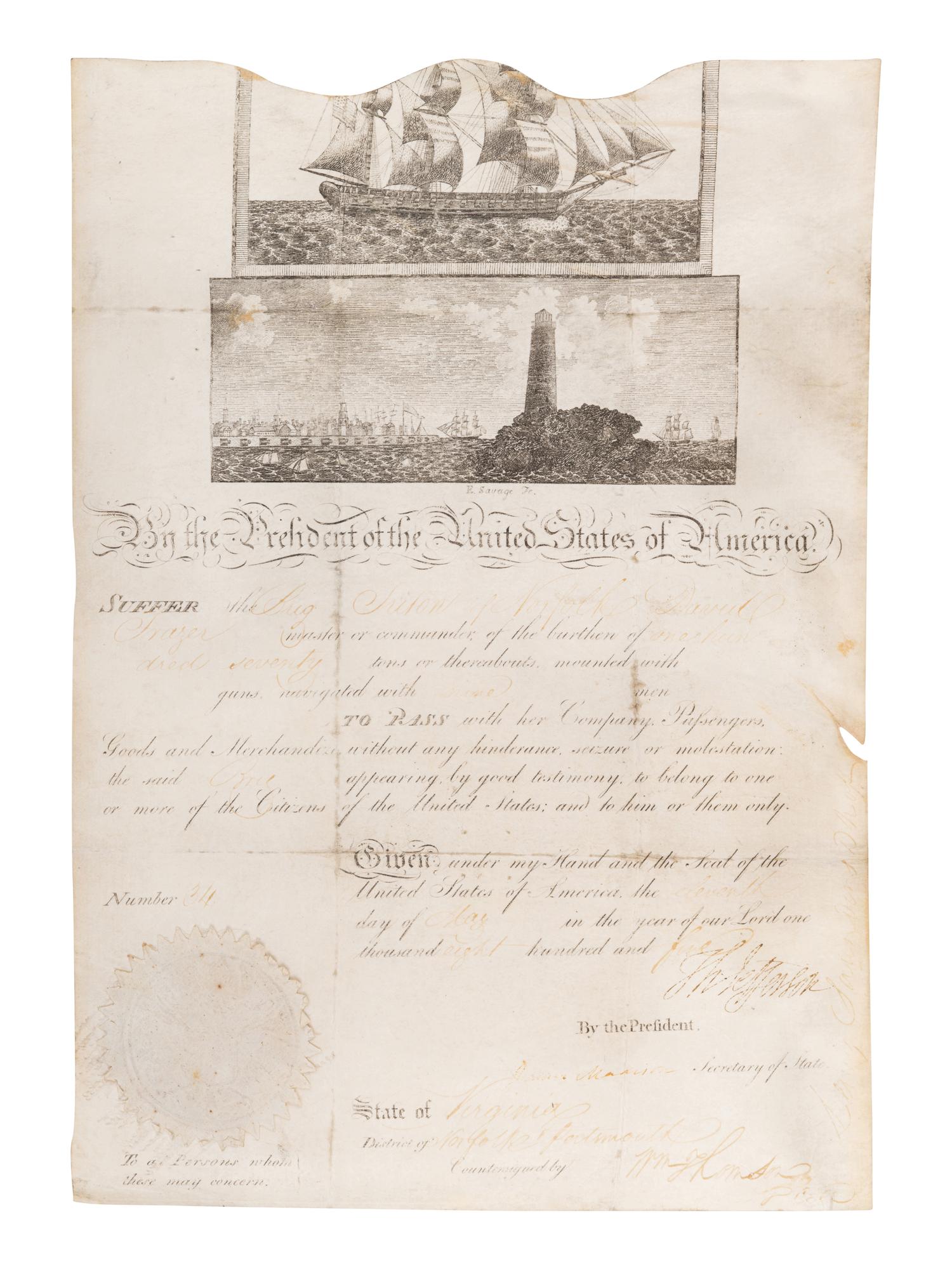 JEFFERSON, Thomas (1743-1826). Engraved document signed ("Th. Jefferson"), as President, Norfolk and Portsmouth, Virginia, 7 May 1805, countersigned by James MADISON (1751-1836) as Secretary of State