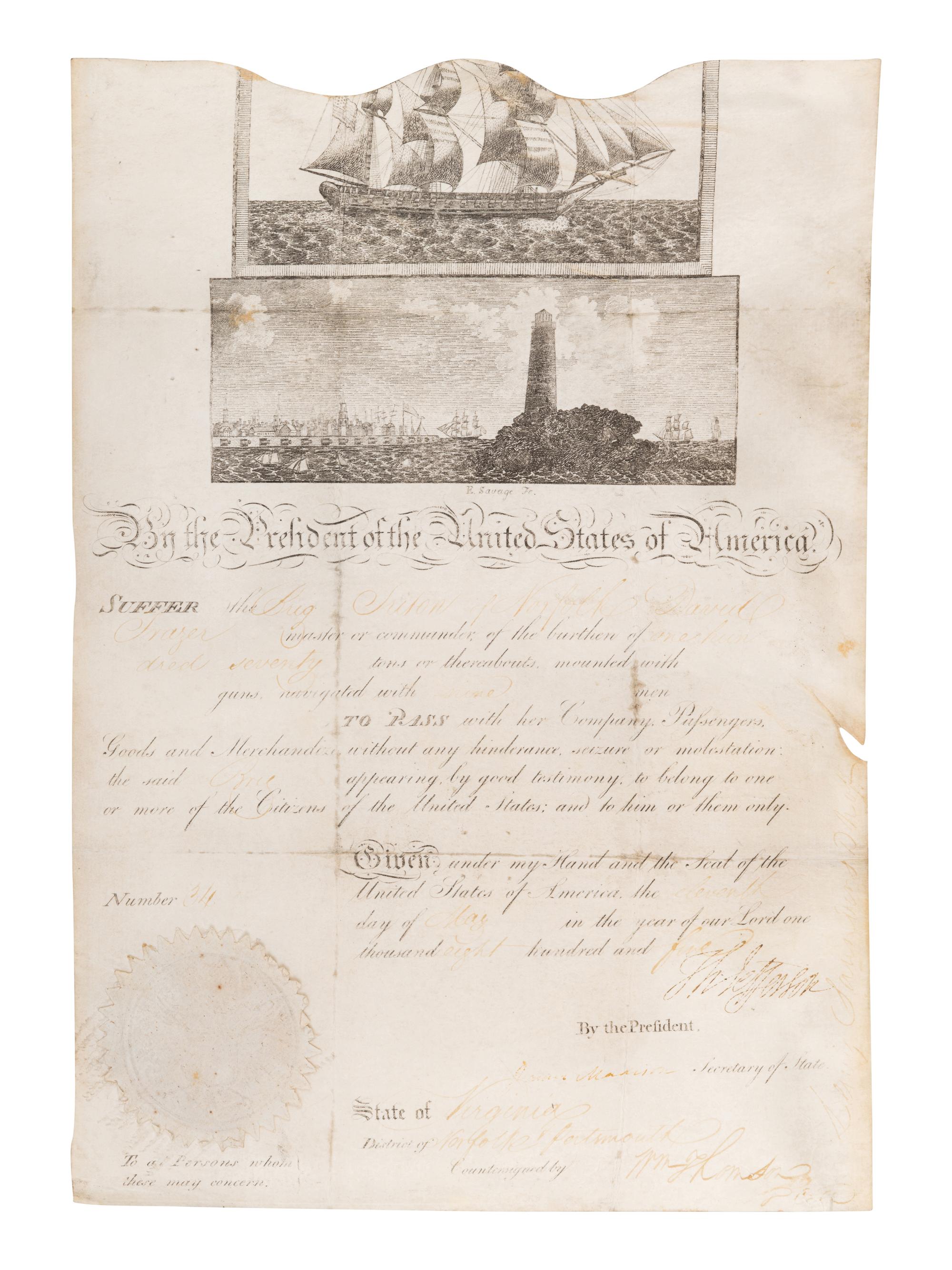 JEFFERSON, Thomas (1743-1826). Engraved document signed ("Th. Jefferson"), as President, Norfolk and Portsmouth, Virginia, 7 May 1805, countersigned by James MADISON (1751-1836) as Secretary of State