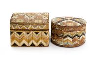 Two Mimac Lidded Wood Boxes Height 5 1/4 x width 6 1/2 x depth 6 inches.