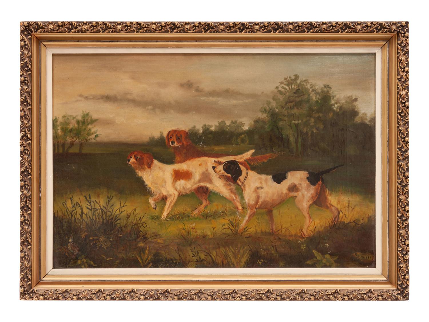 A Naive Folk Art Painting of Spaniels on the Hunt, signed Hellawell
