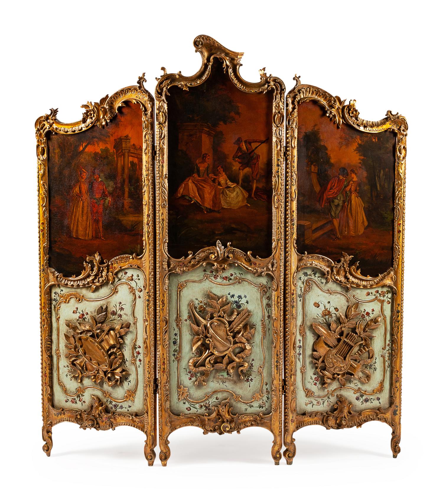 A Louis XV Style Carved, Painted and Parcel Gilt Three-Panel Screen