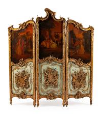 A Louis XV Style Carved, Painted and Parcel Gilt Three-Panel Screen