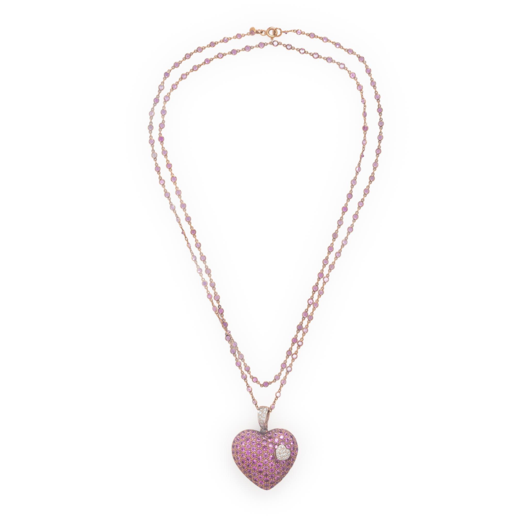 Pink Sapphire, Diamond, and Rose Gold Heart Pendant Station Necklace