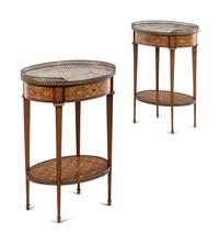 A Pair of Louis XVI Style Marquetry Marble-Top Side Tables