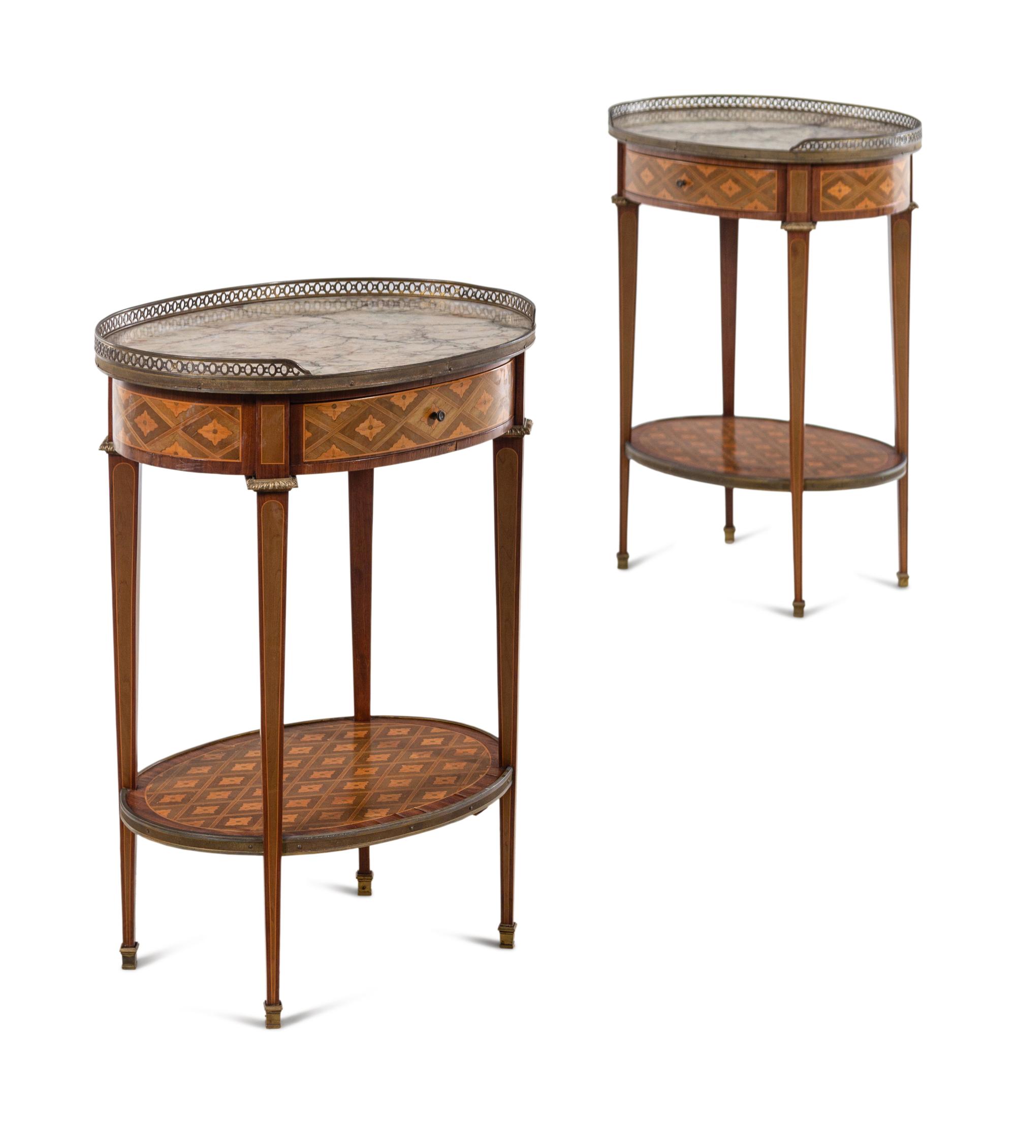 A Pair of Louis XVI Style Marquetry Marble-Top Side Tables