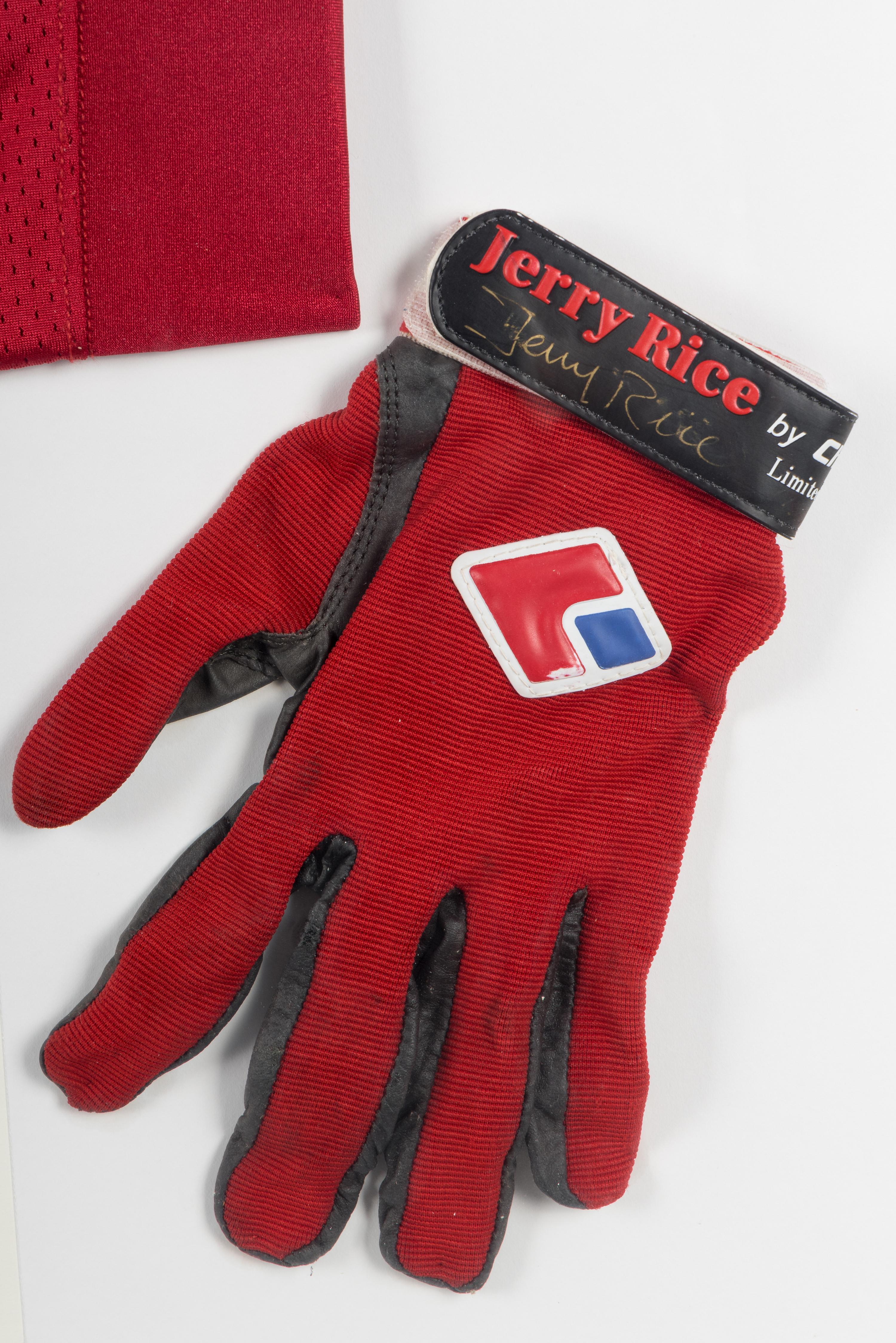 A Jerry Rice Signed Autograph San Francisco 49ers Jersey Presentation With Game Used Gloves (Topps Certificate of Authenticity),