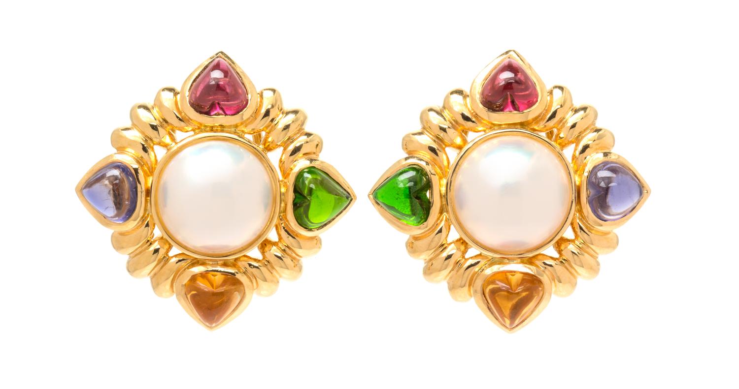 A Pair of 18 Karat Yellow Gold, Cultured Mabe Pearl and Multigem Earrings, 22.30 dwts.