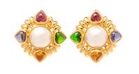 A Pair of 18 Karat Yellow Gold, Cultured Mabe Pearl and Multigem Earrings, 22.30 dwts.