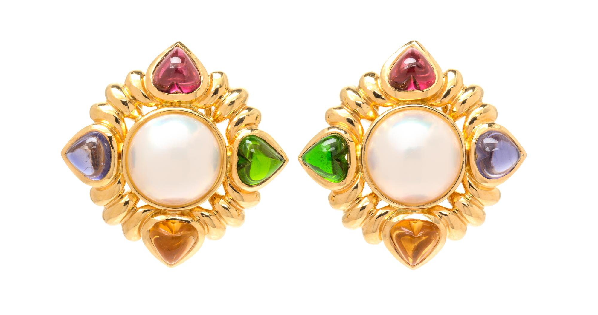 A Pair of 18 Karat Yellow Gold, Cultured Mabe Pearl and Multigem Earrings, 22.30 dwts.