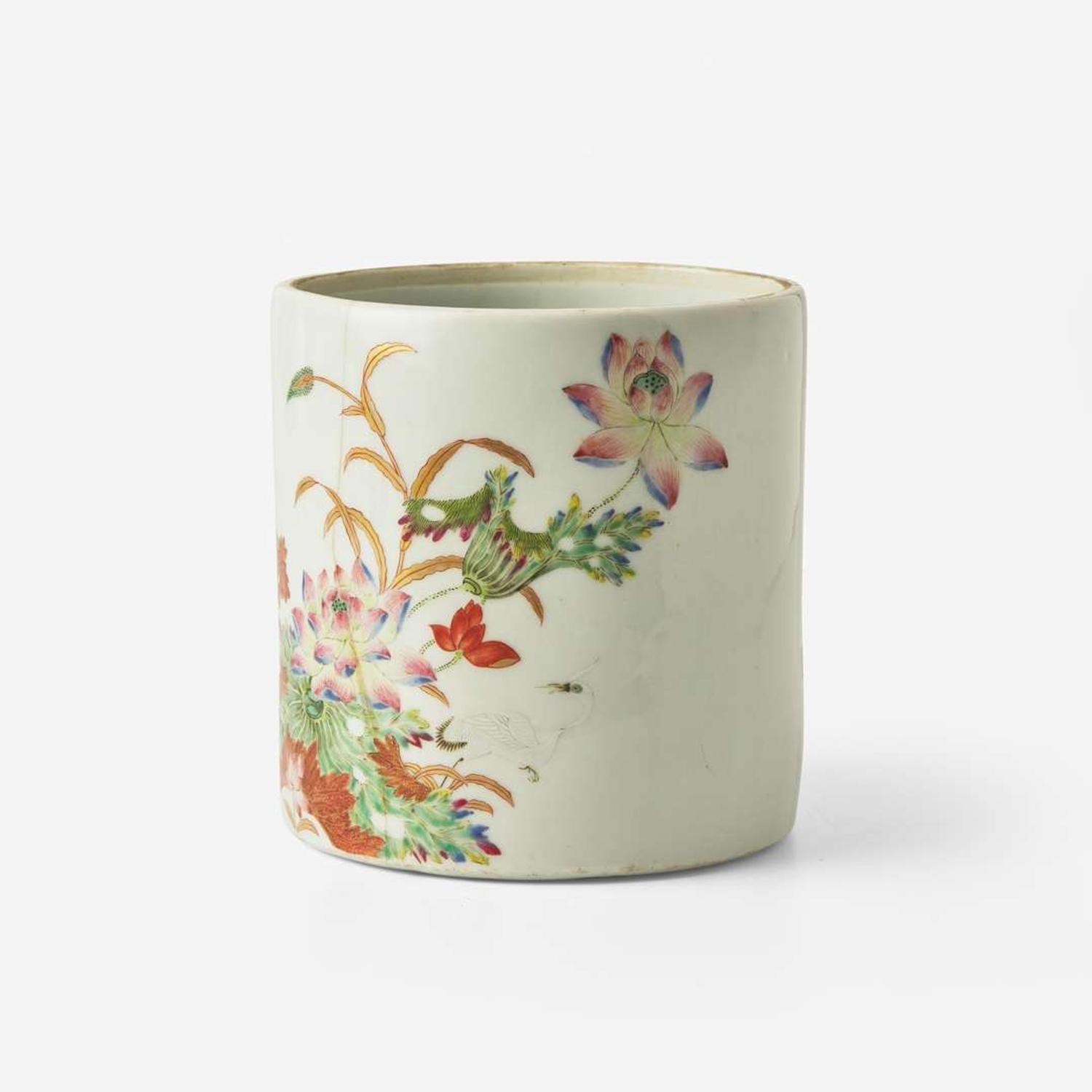 An unusual Chinese famille rose "Lotus and Crane" brush pot with poem 粉彩蓮鶴詩文筆筒