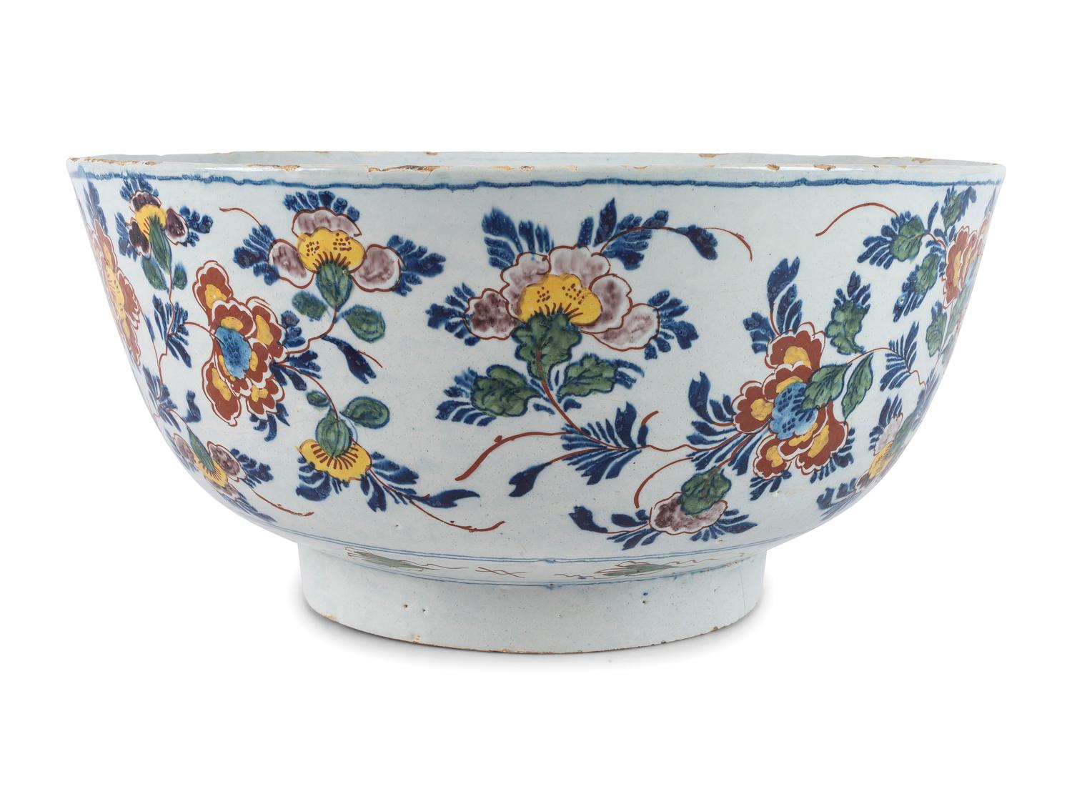 A Dutch Delft Polychrome Decorated and Glazed Earthenware Punch Bowl