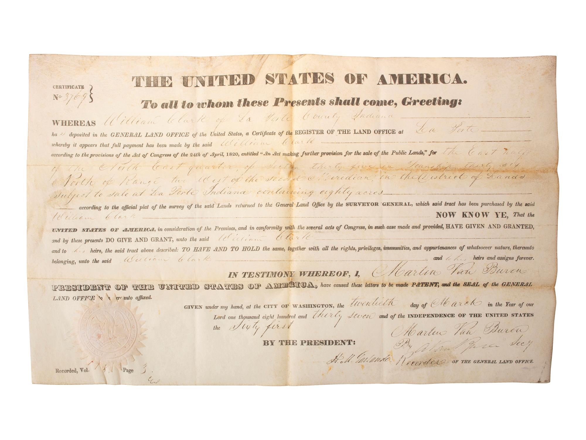 [VAN BUREN, Martin (1782-1862)]. A group of 2 secretarially signed land grants.