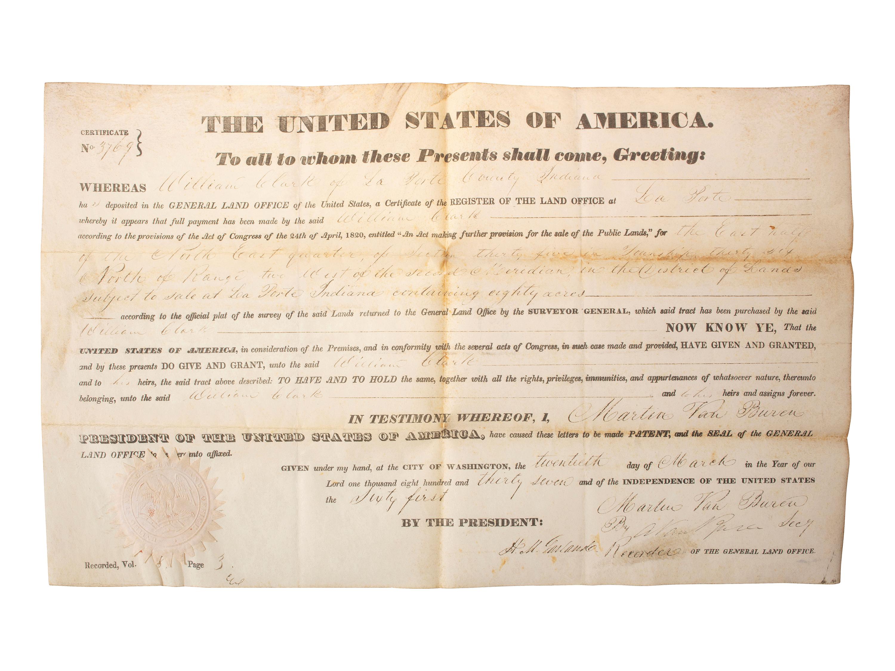 [VAN BUREN, Martin (1782-1862)]. A group of 2 secretarially signed land grants.
