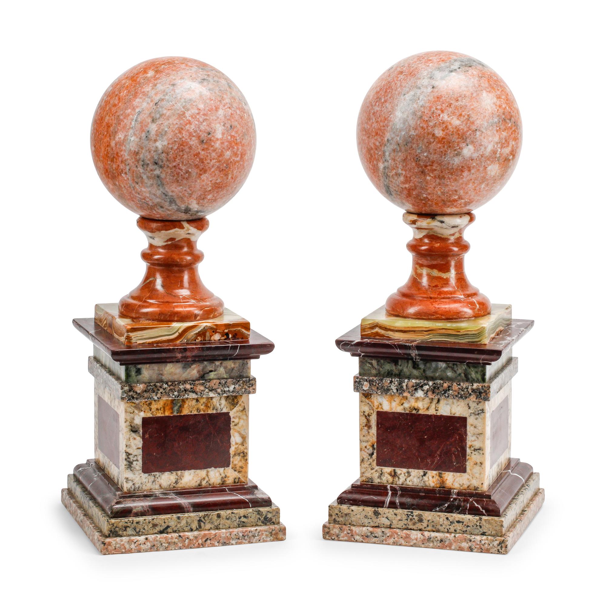 A Pair of Italian Grand Tour Style Vari-Color Marble Spherical Ornaments