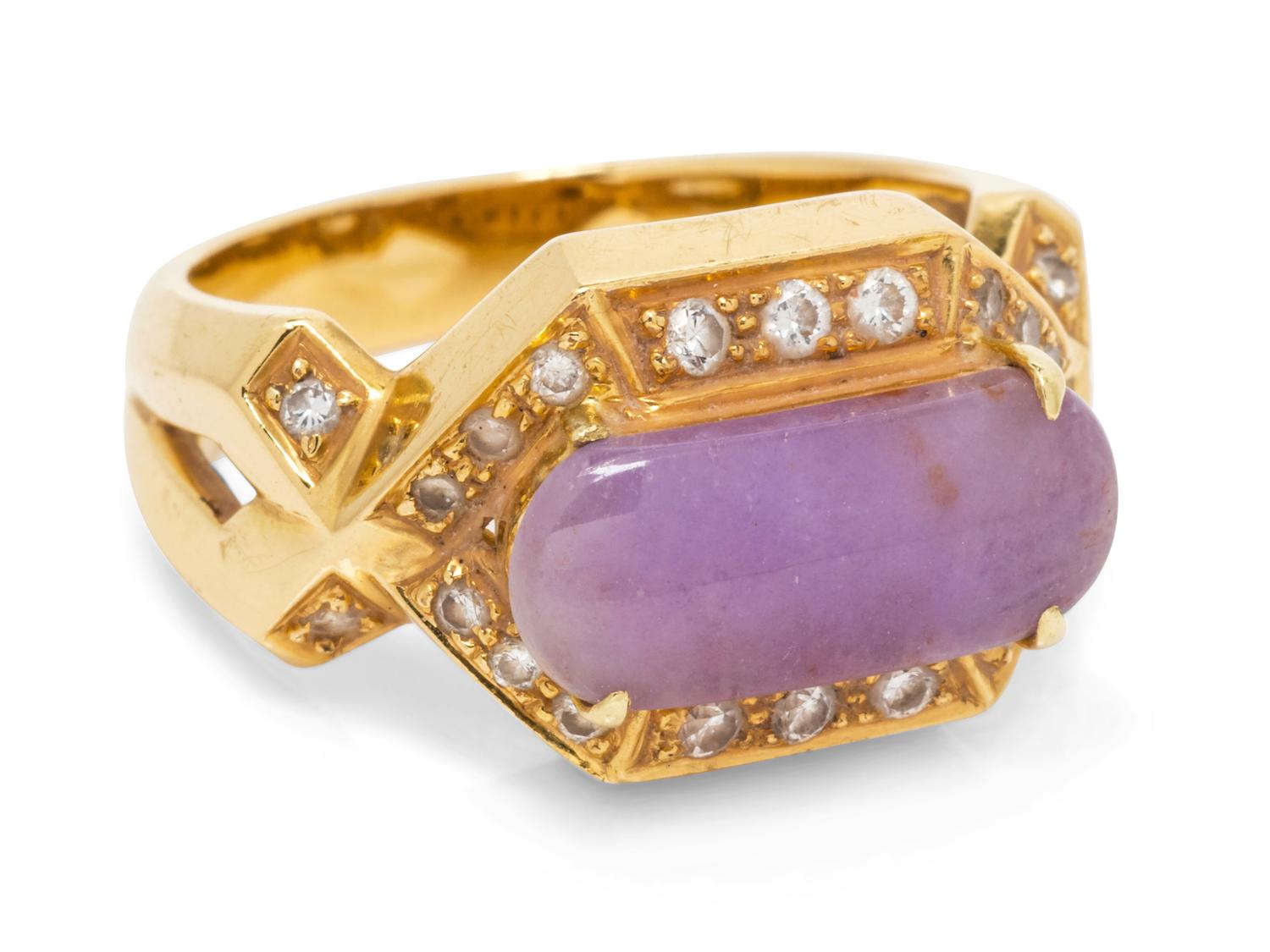 An 18 Karat Yellow Gold, Purple Jade and Diamond Ring,