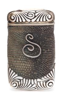 An American Silver and Lizard Skin Cigar Case, Gorham Mfg. Co., Providence, RI, 1888, the case ends worked with fluted volutes, the liz