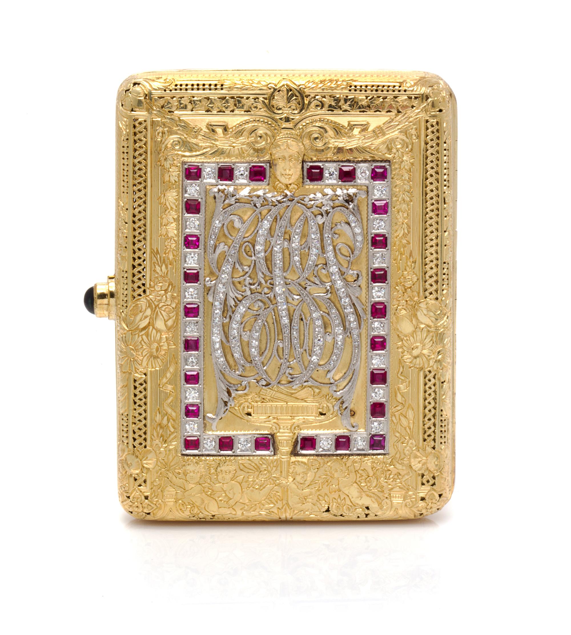 An 18 Karat Yellow Gold, Platinum, Ruby, Diamond and Sapphire Compact, 102.90 dwts.