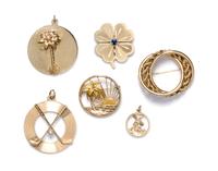 A Collection of 14 Karat Yellow Gold and Gemstone Pendants, 33.20 dwts.