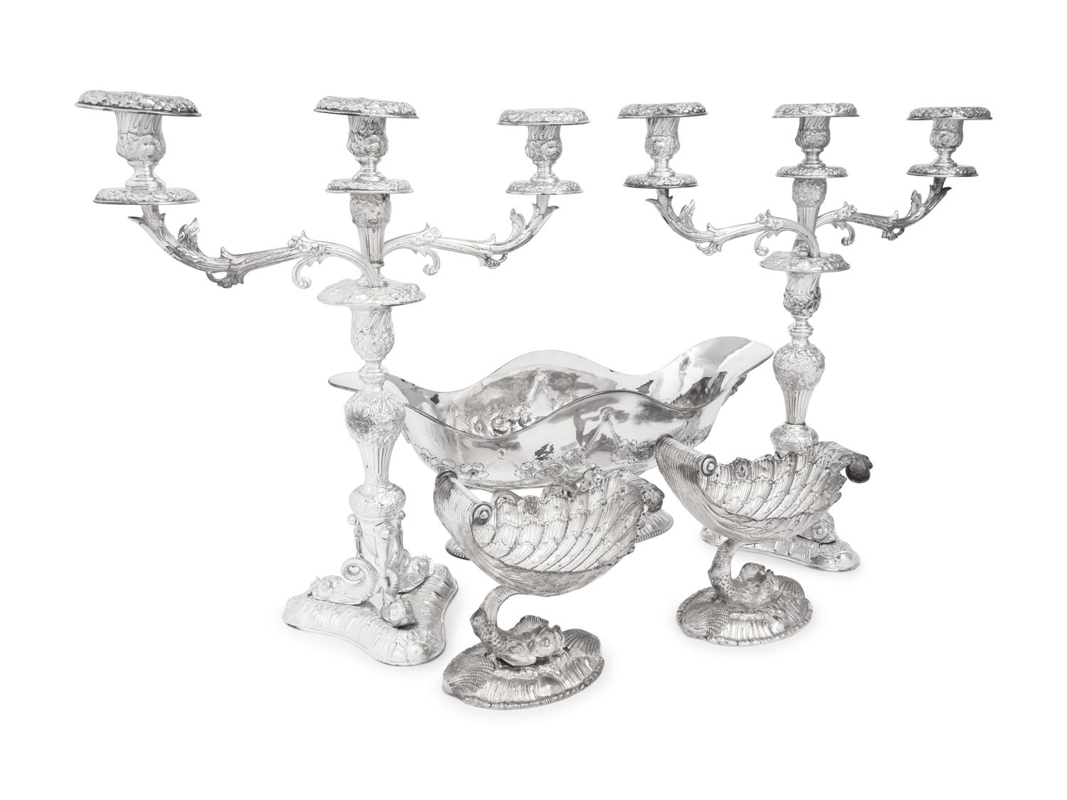 A Silver-Plate Dolphin Form Table Garniture