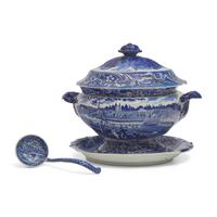 A Staffordshire Historical Blue Transferware Fair Mount Near Philadelphia Covered Soup Tureen, Stand and Ladle, Joseph Stubbs, Burslem, 1790-1829